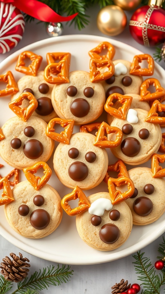 A plate of decorated Christmas reindeer cookies with chocolate eyes and pretzel antlers, set against a festive background.
